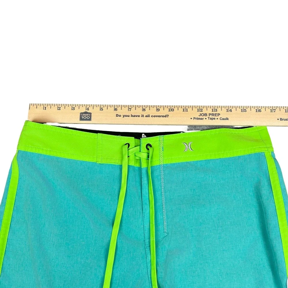 EUC Hurley Phantom Mens Board Shorts Teal Neon Green Striped Swim Trunks Size 32